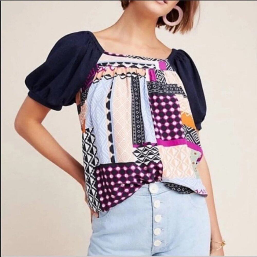 Anthro Maeve Catiana Patchwork Puff-Sleeve Blouse
